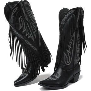 Cowboy Boots for Women Retro Pointed Toe Pull On Block Chunky Heel Embroided